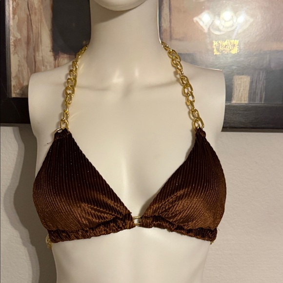 Other - Brown Velvet Bikini Top with Gold Chain Straps